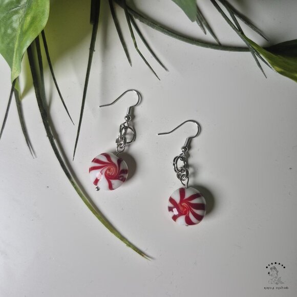 Handmade Peppermint Earrings with Glass Peppermint Beads - Picture 4 of 5